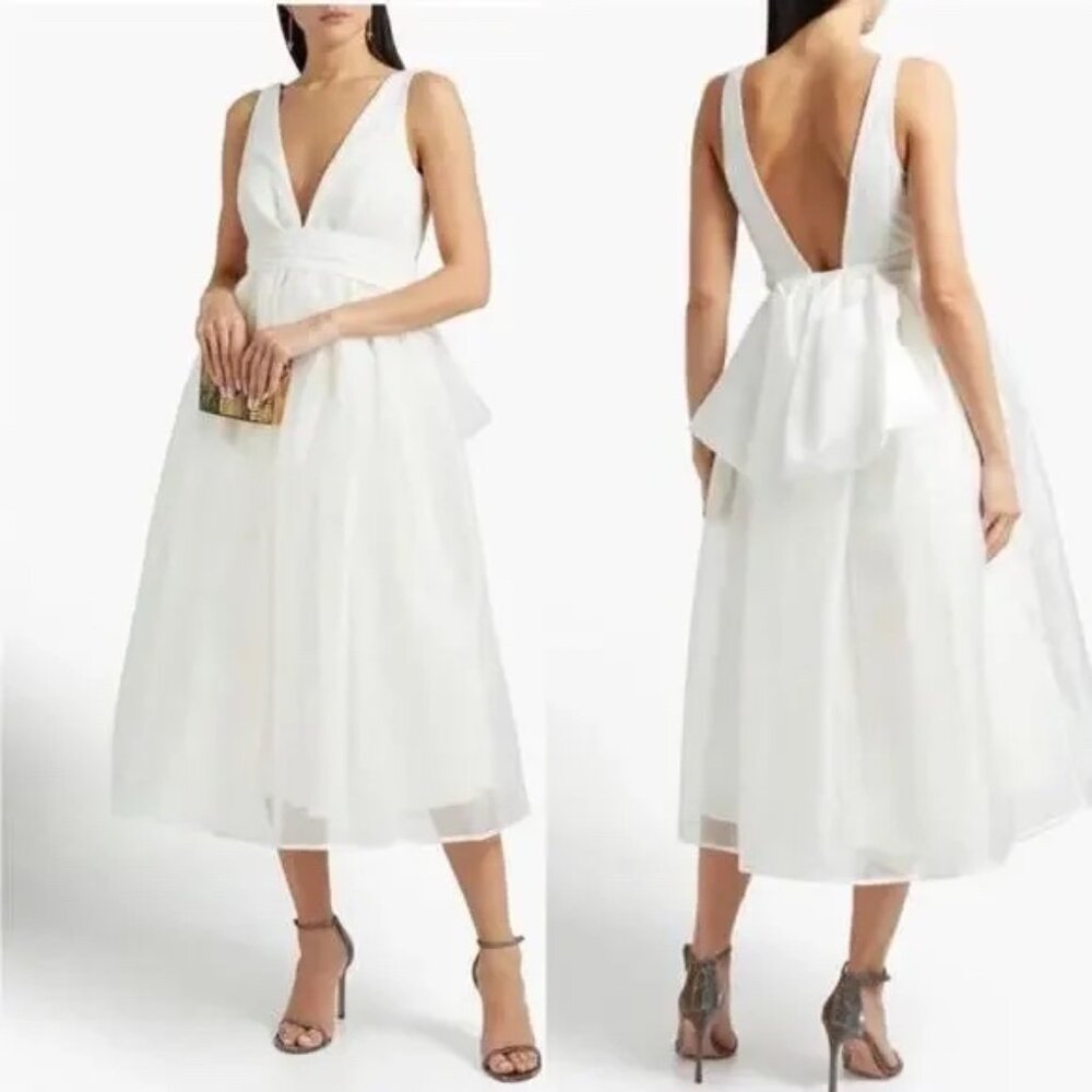 NWT | Sachin + Babi BHLDN Carmina Ivory White Deep V Bow Embellished Midi Size 6